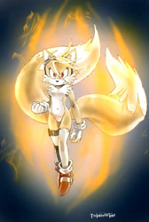 Size: 1024x1523 | Tagged: safe, artist:twisted-wind, miles "tails" prower, super tails, oc, oc:twisted tails, fox, abstract background, clenched fist, fanfiction art, featureless breasts, featureless crotch, flying, frown, gender swap, gloves, goggles, heels, long socks, mid-air, red eyes, signature, socks, solo, super form