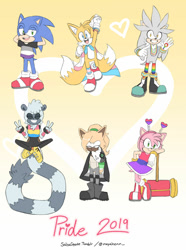 Size: 1024x1377 | Tagged: dead source, safe, artist:salsacoyote, amy rose, miles "tails" prower, silver the hedgehog, sonic the hedgehog, tangle the lemur, whisper the wolf, fox, hedgehog, lemur, wolf, abstract background, aromantic pride, asexual pride, bisexual pride, bracelet, cape, double v sign, gay pride, gradient background, group, headband, heart, long socks, necklace, pansexual pride, piko piko hammer, pride, trans male, trans pride, transgender, tshirt