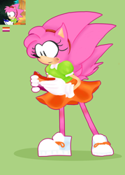 Size: 5000x7000 | Tagged: safe, artist:upbeatundead, amy rose, hedgehog, sonic mania adventures, amy's classic dress, blushing, classic amy, flag, gloves, green background, headband, lesbian pride, looking at something, pride, redraw, reference inset, shoes, simple background, smile, solo, standing