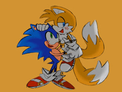 Size: 1280x960 | Tagged: safe, artist:pkrockinon, miles "tails" prower, sonic the hedgehog, fox, hedgehog, blushing, carrying them, duo, gay, gloves, hand on head, mouth open, shipping, shoes, simple background, sketch, socks, sonic x tails, standing, yellow background