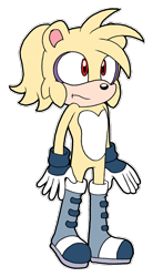 Size: 500x905 | Tagged: safe, artist:shadmanicknuxedits, oc, oc:laurent rabbot-l'ours, polar bear, boots, fankid, frown, gloves, looking offscreen, outline, parent:bark, parent:bunnie, parents:bunnark, peach fur, ponytail, red eyes, simple background, socks, solo, standing, transparent background