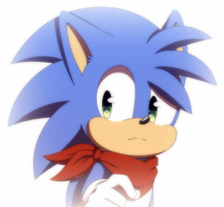 Size: 900x830 | Tagged: safe, artist:blacky-doll, oc, oc:monty the hedgehog, hedgehog, bandana, blue fur, frown, gloves, green eyes, hair over one eye, looking offscreen, simple background, solo, white background