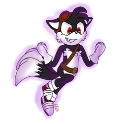 Size: 1024x1111 | Tagged: safe, artist:meltheartist, miles "tails" prower, fox, fanfic:dark tails unleashed, alignment swap, belt, clenched fists, clenched teeth, dark form, dark tails, evil grin, fanfiction art, floppy ears, flying, gloves, goggles, looking offscreen, mid-air, red eyes, shoes, signature, simple background, socks, solo, sonic boom (tv), transparent background