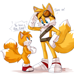 Size: 1280x1280 | Tagged: safe, artist:solar socks, miles "tails" prower, fox, sonic the hedgehog 2 (2022), admiration, belt, child, cute, dialogue, duo, featured image, gloves, goggles, hand on hip, hands together, looking at each other, looking down, looking up, mouth open, self paradox, shoes, signature, simple background, size difference, socks, sonic boom (tv), standing, tailabetes, white background