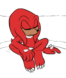 Size: 486x578 | Tagged: safe, artist:devotedsidekick, knuckles the echidna, echidna, 4 toes, barefoot, claws, eyes closed, foot fetish, four toes, frown, gloves off, headcanon, paws, relaxing, shoes off, simple background, sitting, solo, water, white background