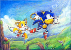 Size: 3482x2433 | Tagged: safe, artist:liris-san, miles "tails" prower, sonic the hedgehog, bird, fox, hedgehog, sonic the hedgehog 2, classic sonic, classic style, classic tails, clouds, duo, emerald hill, flying, frown, gloves, holding something, looking ahead, loop, mid-air, mouth open, palm tree, pencilwork, ring, shoes, socks, spring