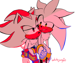 Size: 1106x940 | Tagged: dead source, safe, artist:whitejung1e, shadow the hedgehog, silver the hedgehog, hedgehog, blushing, chest fluff, duo, frown, gay, gloves, looking at each other, shadow x silver, shipping, shoes, signature, simple background, sitting, sitting on them, smile, socks, white background