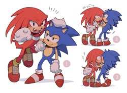 Size: 963x709 | Tagged: safe, artist:sk_rokuro, knuckles the echidna, sonic the hedgehog, echidna, hedgehog, classic knuckles, classic sonic, clenched fist, duo, gay, hand on another's head, kiss, knuxonic, looking at viewer, mouth open, sequence, shipping, simple background, smile, standing, sweat, white background