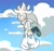Size: 1112x1038 | Tagged: safe, artist:blueskyuup, silver the hedgehog, hedgehog, bag, clouds, daytime, flying, holding something, lidded eyes, looking down, looking offscreen, no pupils, outdoors, sky background, solo