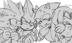 Size: 895x531 | Tagged: safe, artist:sk_rokuro, knuckles the echidna, shadow the hedgehog, silver the hedgehog, sonic the hedgehog, echidna, hedgehog, angry, arm grab, blushing, clenched fists, eyes closed, greyscale, group, hand on another's shoulder, monochrome, mouth open, simple background, sketch, smile, sparkles, white background