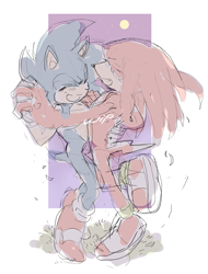 Size: 673x886 | Tagged: dead source, safe, artist:sk_rokuro, knuckles the echidna, sonic the hedgehog, echidna, hedgehog, abstract background, dancing, duo, eyes closed, gay, happy, holding hands, knuxonic, looking at them, mouth open, shipping, sketch, smile