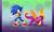 Size: 1154x692 | Tagged: safe, artist:rawn89, sonic the hedgehog, hedgehog, all fours, chaos emerald, crossover, dragon, duo, gloves, holding something, looking at each other, shoes, signature, smile, socks, spyro (series), spyro the dragon, standing