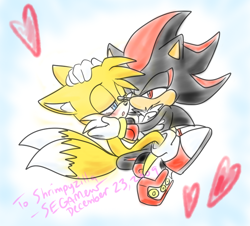 Size: 674x608 | Tagged: safe, artist:segamew, miles "tails" prower, shadow the hedgehog, fox, hedgehog, abstract background, blushing, duo, gay, gloves, hand on head, hearts, hugging, lidded eyes, mouth open, shadow x tails, shipping, shoes, smile, socks