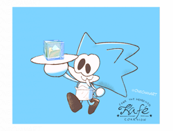 Size: 697x530 | Tagged: safe, artist:onechanart, sonic the hedgehog, oc, oc:sonk, hedgehog, abstract background, border, character name, cute, holding something, ice cube, mouth open, smile, solo, soniccafe, standing, tray, walking, white border