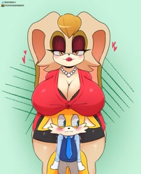 Size: 1115x1379 | Tagged: suggestive, artist:berkberkly, tails doll, vanilla the rabbit, fox, rabbit, age difference, blushing, breast rest, busty vanilla, child, huge breasts, shipping, size difference, straight, uniform, vanillails