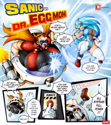 Size: 2217x2500 | Tagged: suggestive, artist:witchking00, robotnik, sonic the hedgehog, human, big red button, busty robotnik, comic, dialogue, duo, eggmobile, gender swap, humanized, hyper breasts, partially humanized