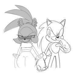 Size: 1500x1500 | Tagged: safe, artist:maniacxvii, sonic the hedgehog, surge the tenrec, hedgehog, tenrec, blushing, holding hands, monochrome, shipping, simple background, sonurge, straight, white background