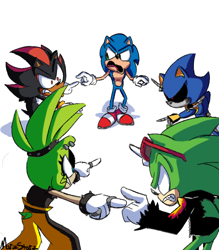 Size: 576x659 | Tagged: safe, artist:marzstarz_, metal sonic, scourge the hedgehog, shadow the hedgehog, sonic the hedgehog, surge the tenrec, hedgehog, tenrec, 31 days sonic, pointing, robot, simple background, white background