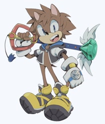 Size: 865x1024 | Tagged: safe, artist:kingdomkii, hedgehog, fingerless gloves, keyblade, mobianified, simple background, solo, sora (kingdom hearts), standing, white background