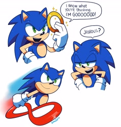 Size: 3905x4096 | Tagged: safe, artist:domestic maid, sonic the hedgehog, hedgehog, sonic prime, clenched fist, dialogue, hands on hips, holding something, lidded eyes, looking at something, mouth open, ring, running, simple background, smile, solo, sparkles, speech bubble, white background