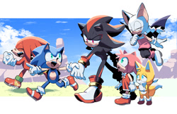 Size: 1200x777 | Tagged: safe, artist:gareki, amy rose, knuckles the echidna, miles "tails" prower, rouge the bat, shadow the hedgehog, sonic the hedgehog, bat, echidna, fox, hedgehog, aged down, amybetes, blushing, child, clenched teeth, cute, dated, daytime, eyes closed, flying, grass, group, holding hands, knucklebetes, lidded eyes, looking at each other, looking at them, mouth open, outdoors, rock, rougabetes, running, shadabetes, signature, smile, sonabetes, tailabetes