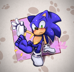 Size: 798x775 | Tagged: suggestive, artist:onechanart, sonic the hedgehog, hedgehog, abstract background, barefoot, blushing, feet fetish, humanoid feet, male, socks, solo