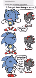 Size: 1982x4198 | Tagged: safe, artist:mykell cube, shadow the hedgehog, sonic the hedgehog, hedgehog, ..., anger vein, ask, comic, dialogue, duo, frown, grin, hands on hips, lidded eyes, looking at each other, looking at them, mouth open, simple background, smile, sonic the sketchog style, standing, text, white background