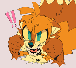 Size: 911x813 | Tagged: safe, artist:indigobeatss, miles "tails" prower, fox, chest fluff, exclamation mark, fangs, grey background, looking at viewer, male, open mouth, simple background, solo, yellow sclera