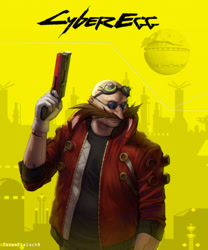 Size: 640x769 | Tagged: safe, artist:totesfleisch8, robotnik, human, abstract background, alternate outfit, cyberpunk 2077, death egg, gun, holding, holding something, parody, pixel art background, solo, weapon