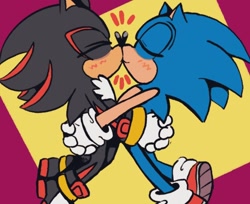 Size: 1024x834 | Tagged: dead source, safe, artist:mykell cube, shadow the hedgehog, sonic the hedgehog, hedgehog, abstract background, duo, eyes closed, gay, hugging, kiss, shadow x sonic, shipping