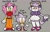 Size: 2048x1302 | Tagged: dead source, safe, artist:mykell cube, amy rose, blaze the cat, oc, oc:ember the sol prince, cat, hedgehog, hybrid, aged up, alternate outfit, amy x blaze, character name, child, family, fankid, grey background, looking at viewer, magical lesbian spawn, midriff, mother and son, open mouth, pants, parent:amy, parent:blaze, parents:blazamy, shirt, simple background, smile, standing, text, trio