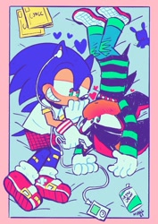 Size: 725x1024 | Tagged: dead source, safe, artist:marcuslarry627, artist:mykell cube, shadow the hedgehog, sonic the hedgehog, hedgehog, alternate outfit, duo, gay, heart, lying down, pants, shadow x sonic, shipping, shirt, shorts