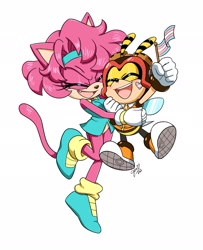 Size: 1665x2048 | Tagged: dead source, safe, artist:jennifer hernandez, charmy bee, oc, oc:jade the cat, bee, cat, bottomless, child, duo, flag, headcanon, hugging, laughing, one fang, simple background, trans male, trans pride, transgender, white background