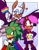 Size: 1280x1639 | Tagged: dead source, safe, artist:survivalstep, jet the hawk, rouge the bat, sonia the hedgehog, bat, bird, hedgehog, sonic underground, abstract background, arms folded, autism symbol, autistic pride, blushing, cape, earring, flag, frown, gay pride, goggles, gradient background, hawk, headcanon, heart, holding something, looking at viewer, looking down, pansexual pride, pride cape, pride flag, semi-transparent background, smile, sonic riders, sweatdrop, trio, wink