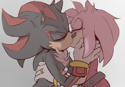 Size: 710x490 | Tagged: safe, artist:aimy_neko, amy rose, shadow the hedgehog, hedgehog, amy x shadow, eyes closed, gradient background, holding each other, kiss, shipping, straight