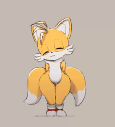 Size: 1154x1274 | Tagged: safe, artist:dippsheep, miles "tails" prower, fox, 2020, :3, animated, bootyfull tails, eyes closed, gif, grey background, simple background, smile, solo, tailabetes, wiggling
