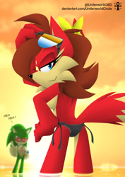 Size: 617x873 | Tagged: suggestive, artist:underworldcircle, fiona fox, scourge the hedgehog, fox, hedgehog, alternate outfit, beach, duo, faux 3d, female, lineless, looking at viewer, looking back, male, panties, scouriona, sexy, shipping, smirk, straight, stupid sexy fiona, sunglasses, sunset, topless