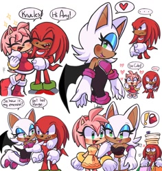 Size: 1131x1200 | Tagged: safe, artist:heartludwig, amy rose, knuckles the echidna, rouge the bat, bat, echidna, hedgehog, banter, knuxouge, shipping, shopping, shopping bag, simple background, trio, white background