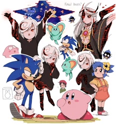 Size: 1116x1200 | Tagged: safe, artist:bendedede, sage, sonic the hedgehog, oc, oc:tria tsukino, bird, hedgehog, human, sonic frontiers, alternate version, butterfly, crossover, kirby, simple background, unknown species, waddle dee, white background