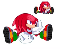 Size: 1325x1077 | Tagged: safe, artist:mossan315, knuckles the echidna, echidna, 2022, bored, frown, full body, head rest, redraw, reference inset, simple background, sitting, solo, sonic the hedgehog 3, spread legs, sprite, white background