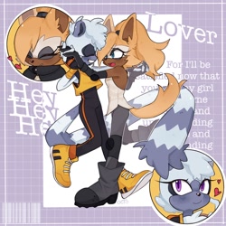 Size: 1200x1200 | Tagged: dead source, safe, artist:octoooo__, tangle the lemur, whisper the wolf, lemur, wolf, abstract background, blushing, dancing, females only, grinning, holding hands, shipping, song lyrics, tangle x whisper