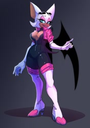 Size: 847x1200 | Tagged: safe, artist:banditobale, rouge the bat, bat, alternate outfit, gradient background, jacket, pointing, role swap, solo, sunglasses