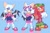 Size: 2048x1356 | Tagged: safe, artist:mossan315, knuckles the echidna, rouge the bat, bat, echidna, blue background, duo, eyewear on head, full body, grin, hands together, looking at viewer, rouge's heart top, simple background, smile, standing, sunglasses