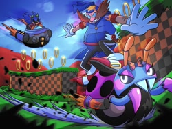 Size: 1200x899 | Tagged: safe, artist:vanessasonica, moto bug, robotnik, sonic the hedgehog, hedgehog, human, 31 days sonic, green hill zone, action, eggmobile, posing, riding, rings, role swap