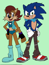 Size: 774x1032 | Tagged: safe, artist:khwarrior, sally acorn, sonic the hedgehog, chipmunk, hedgehog, duo, green background, simple background