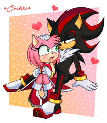 Size: 1280x1463 | Tagged: safe, artist:amumi, amy rose, shadow the hedgehog, hedgehog, abstract background, amy x shadow, duo, gradient background, shipping, straight