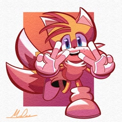 Size: 2000x2000 | Tagged: safe, artist:mo_duxy, miles "tails" prower, fox, 2021, abstract background, cute, double v sign, freckles, gloves, looking at viewer, male, mouth open, posing, redraw, running towards viewer, shadow the hedgehog (video game), shoes, signature, smile, socks, solo, tailabetes