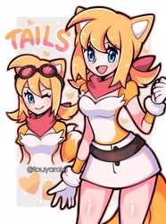 Size: 1524x2048 | Tagged: safe, artist:touyarokii, miles "tails" prower, human, abstract background, bandana, belt, blushing, cleavage, clenched fist, duality, female, gender swap, gloves, goggles, heart, humanized, mouth open, partially humanized, skirt, smile, solo, standing, two tails, wink