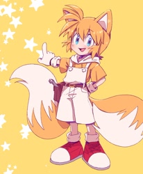 Size: 800x971 | Tagged: artist needed, source needed, safe, miles "tails" prower, human, abstract background, belt, blushing, child, cute, gloves, humanized, looking at viewer, male, mouth open, partially humanized, pointing, posing, redraw, shoes, socks, solo, spanner, standing, star (symbol), tailabetes, two tails