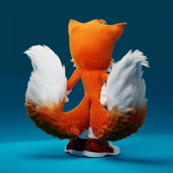 Size: 1080x1080 | Tagged: safe, artist:joão filipe santiago, miles "tails" prower, fox, 3d, alternate view, fluffy, from behind, gloves, gradient background, hand on hip, male, movie style, shoes, socks, solo, standing, youtube link in description